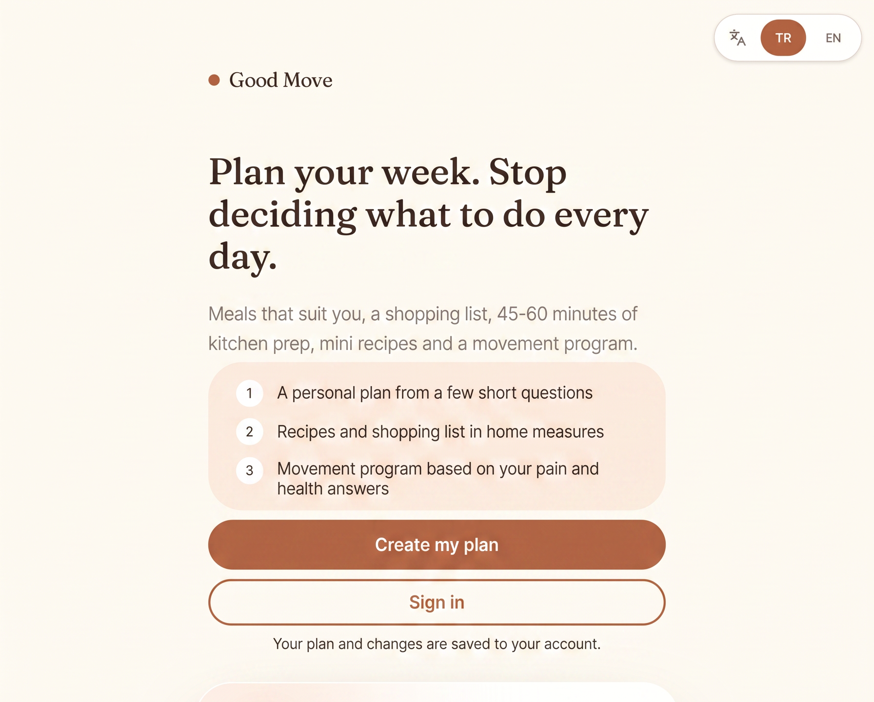 Good Move app screenshot showing a weekly plan