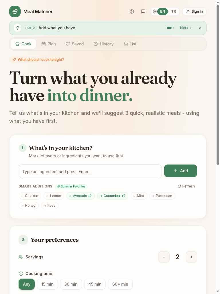 Meal Matcher app screenshot