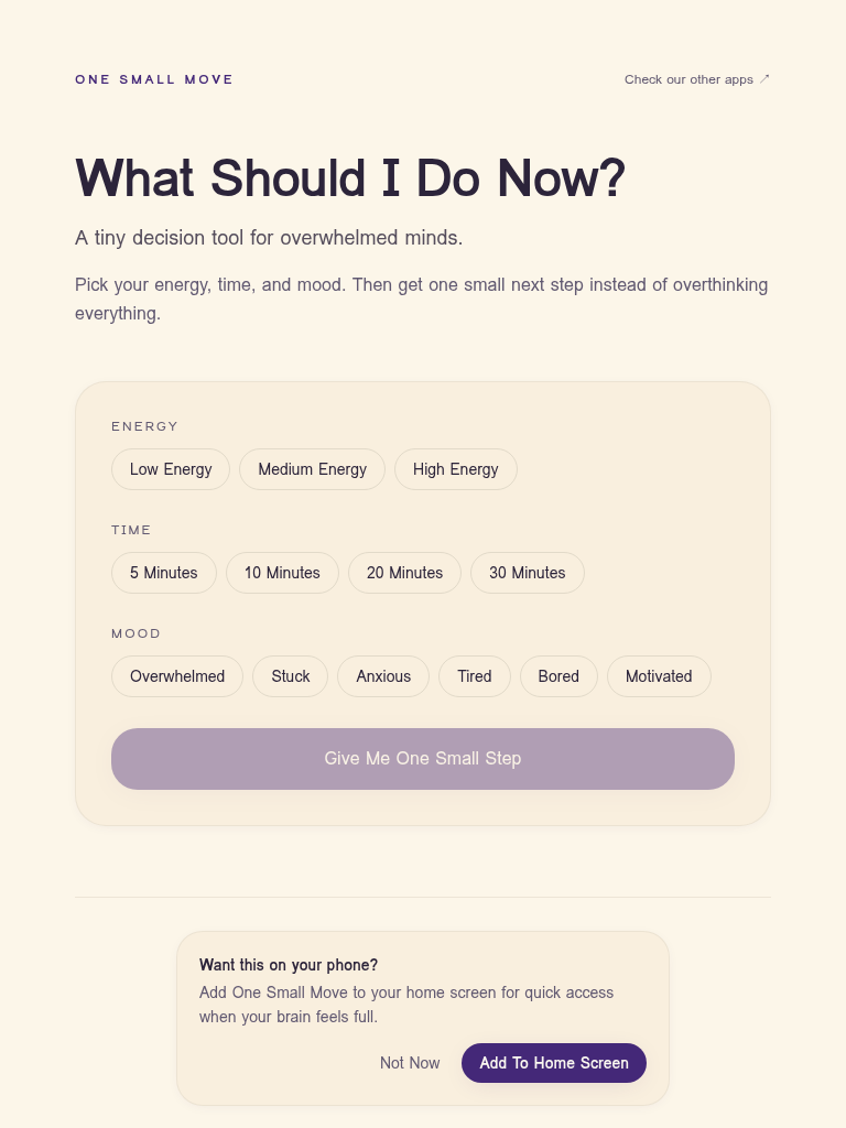 One Small Move app screenshot showing energy, time, and mood selectors
